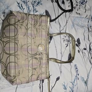 Coach Beige and Gold Plaid Tote Bag